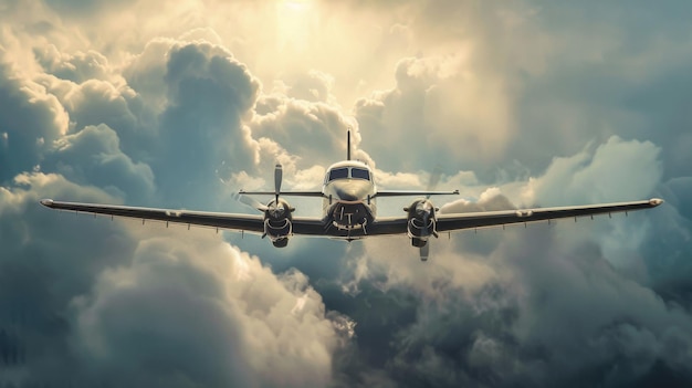 Un avión de hélice volando en las nubes sus alas cortando a través del aire como se embarca en un viaje a destinos lejanos dejando rastros de inspiración en su estela