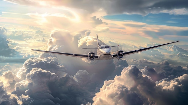Un avión de hélice volando en las nubes sus alas cortando a través del aire como se embarca en un viaje a destinos lejanos dejando rastros de inspiración en su estela