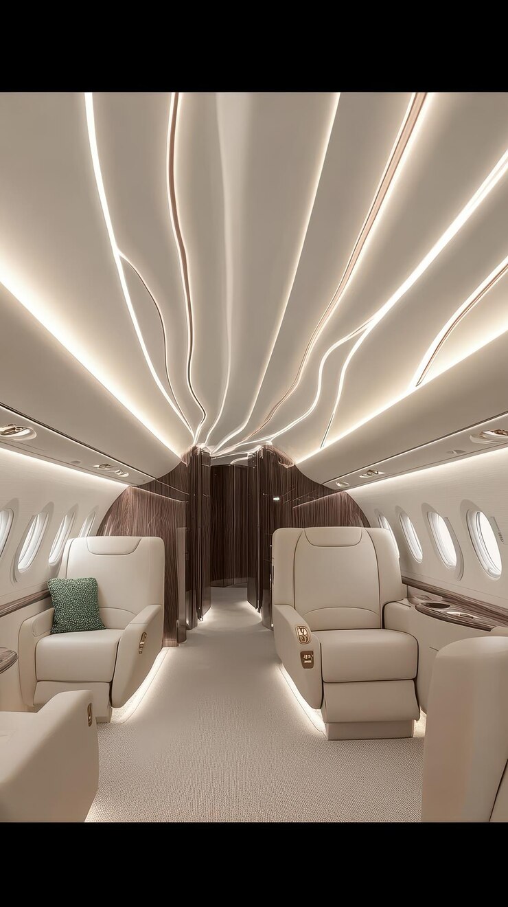 un avión con un interior blanco y una almohada verde en la espalda