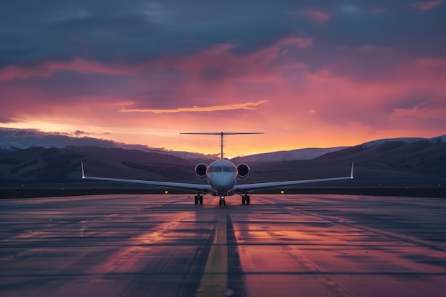 Foto avión jet comercial estacionado en el aeropuerto con puesta de sol y colinas