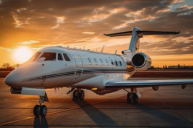 Avión jet ejecutivo en la pista del aeropuerto en el fondo de una dramática puesta de sol