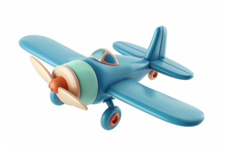 Avión de juguete en colores azul y beige aislado sobre un fondo blanco perfecto para temas infantiles