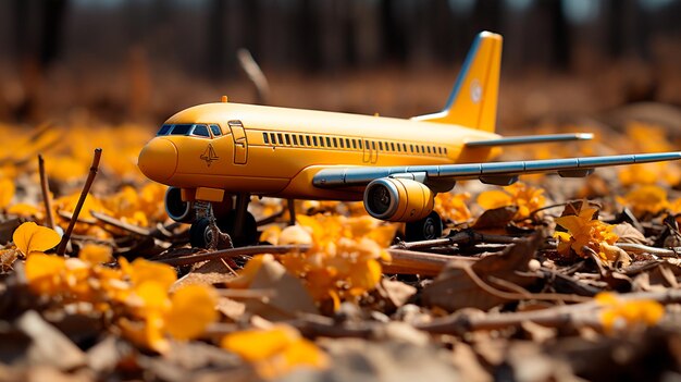 avión de juguete con un juguete en el bosque