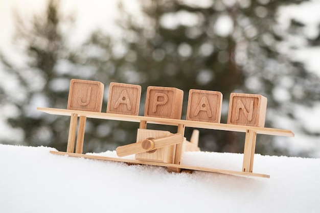 Avión de juguete de madera y la palabra Japón hecho de cubos de madera en el fondo de un bosque nevado Una idea para un viaje un concepto Postal en estilo retro Vuelo a países invernales a Japón