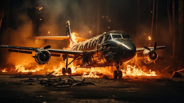 un avión en llamas con humo y llamas