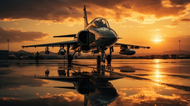 Avión militar en el aeropuerto al atardecer