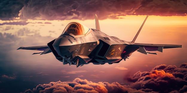 Avión militar F35 sobrevolando una increíble puesta de sol AIGenerated