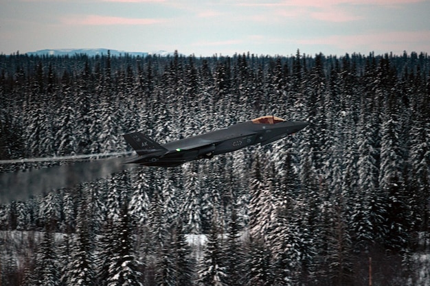 Un avión militar vuela a través de un bosque nevado.