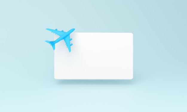Avión minimalista con una tarjeta en blanco sobre un fondo azul suave
