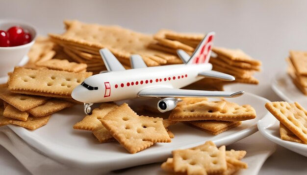 Foto un avión modelo está en una mesa con galletas y galletas