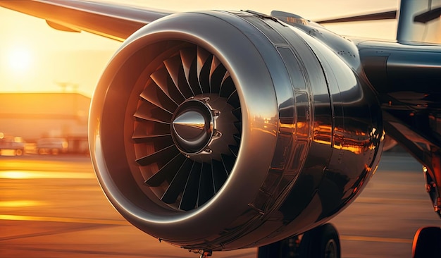 avión bajo un motor al atardecer en el estilo de plata y marina