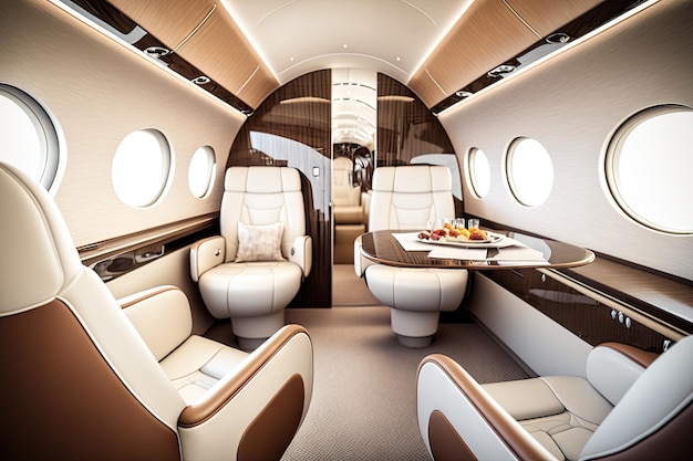 Avión de negocios con asientos lujosos y un diseño moderno rodeado de detalles elegantes