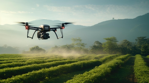 Un avión no tripulado volando sobre un campo de cultivos