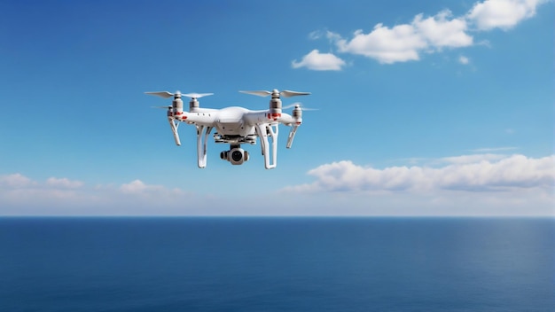 Foto un avión no tripulado volando sobre el océano