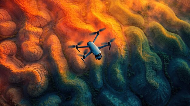 Un avión no tripulado volando sobre un paisaje abstractamente colorido