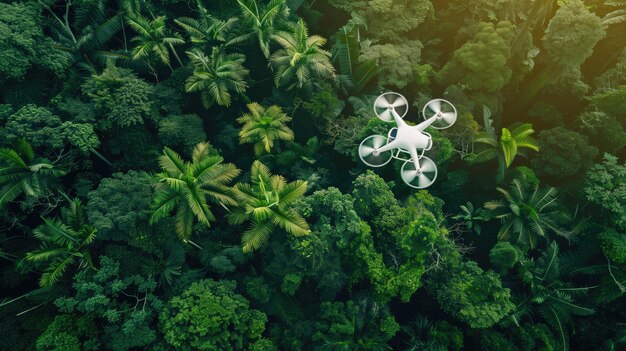 Un avión no tripulado vuela por encima de un denso dosel verde de la selva tropical