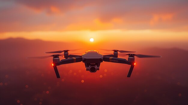 Un avión no tripulado vuela sobre un campo al atardecer