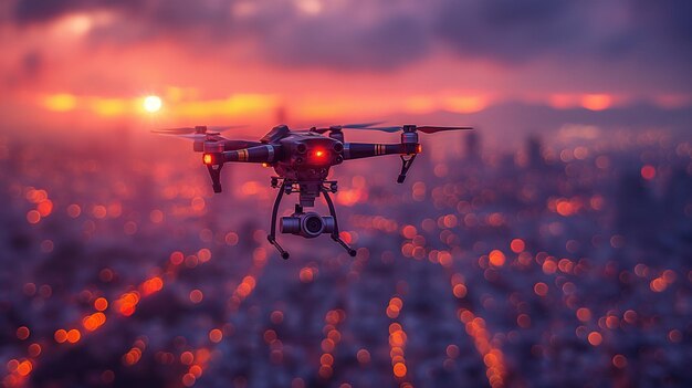 Un avión no tripulado vuela sobre un campo al atardecer