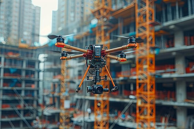 Foto un avión no tripulado vuela sobre la construcción de un edificio para la inspección y la vigilancia