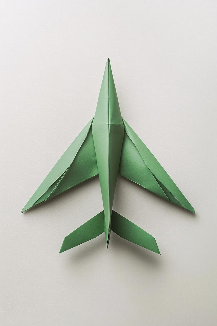 Avión de origami verde despegando sobre un fondo blanco