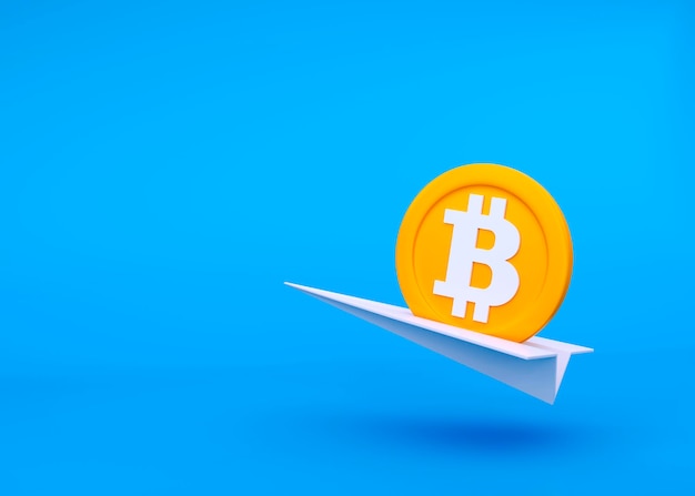 Avión de papel 3d blanco con bitcoin sobre fondo azul Crypto moneda crecimiento 3d render