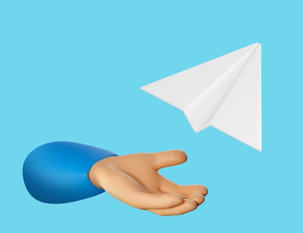 Avión de papel 3d con mano humana Concepto de educación y aprendizaje de mensajería Render 3d realista de alta calidad