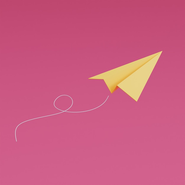 Avión de papel amarillo volando sobre un fondo rosado