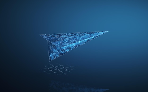 Avión de papel con renderizado 3d de líneas azules