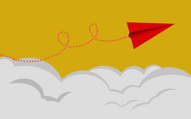 Avión de papel rojo vuela sobre un fondo amarillo