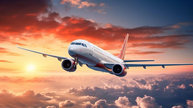 Avión de pasajeros de avión comercial volando por encima de las nubes en la hermosa luz del sol Concepto de viaje aviación