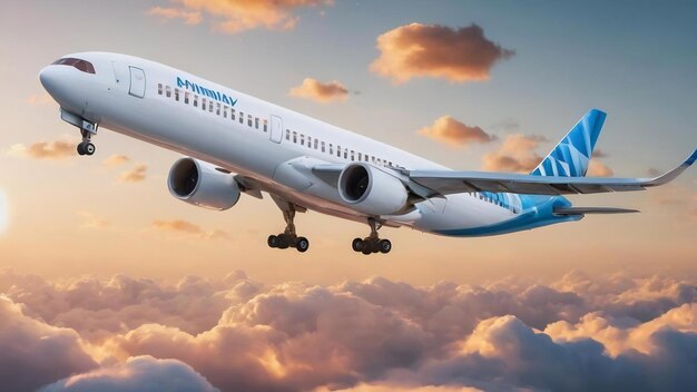 Avión de pasajeros blanco aislado en un fondo brillante con cielo