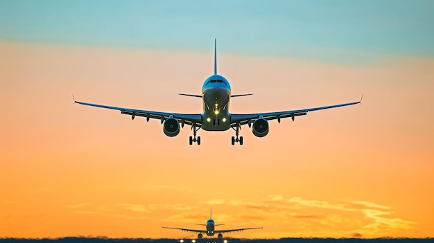 El avión de pasajeros blanco despega de la pista del aeropuerto. Los aviones se mueven con el telón de fondo de los soles.