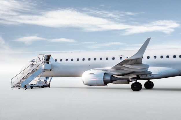 Avión de pasajeros blanco con escalones de embarque aislados en un fondo brillante con cielo