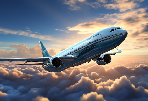 un avión de pasajeros boeing está volando a través del cielo por encima de un cielo lleno de nubes en el estilo del fotorealismo blanco oscuro y plateado
