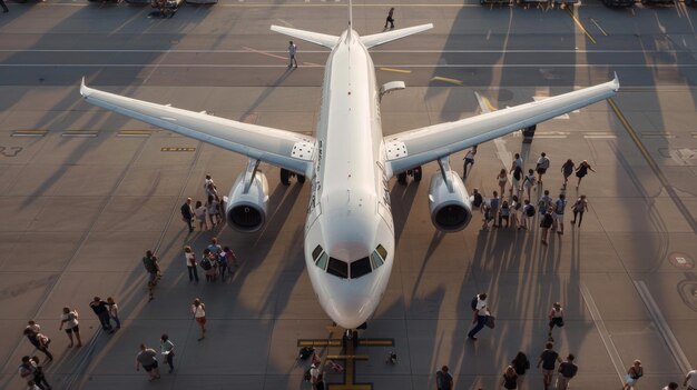 Un avión de pasajeros comercial preparándose para abordar a los pasajeros alineados en la puerta