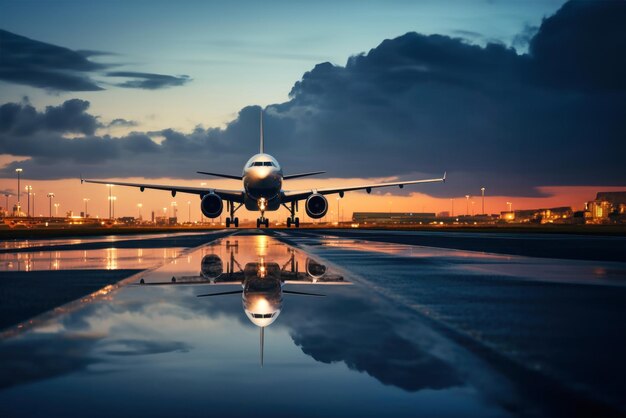 Un avión con pasajeros despega de un aeropuerto moderno por la noche al atardecer