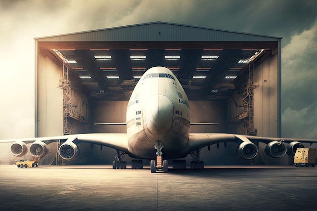Avión de pasajeros grande con empuje de nariz en avión hangar remolcando un ai generativo de banner