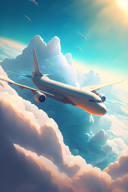 Avión de pasajeros grande que vuela a través de un cielo nublado ai generativo