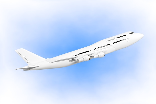 Avión de pasajeros Jet blanco sobre un fondo azul. Representación 3D