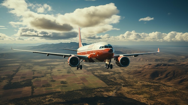 El avión de pasajeros naranja blanco sube a través de las nubes. El avión vuela muy por encima del paisaje.