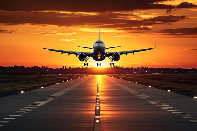 Avión de pasajeros de pista vuela sobre la pista de despegue desde el aeropuerto al atardecer