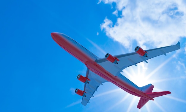 Avión de pasajeros Rayas rojas blancas volando en el cielo en un día azul brillante Nubes blancas durante el día
