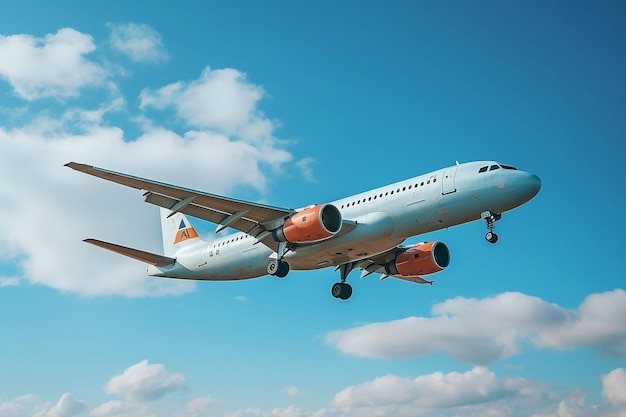 Foto avion de pasajeros volando en el cielo azul lleno de nubes