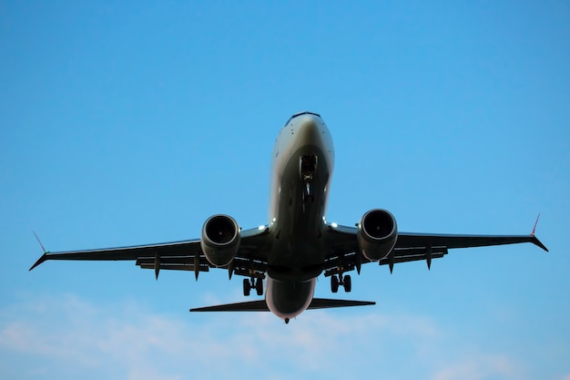 Avión de pasajeros vuela en el cielo. Industria del transporte aéreo