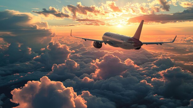 Foto el avión de pasajeros vuela por encima de las nubes durante la puesta de sol