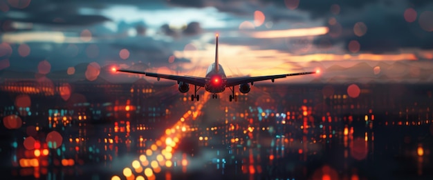 avión de pasajeros vuela sobre la ciudad nocturna IA generativa