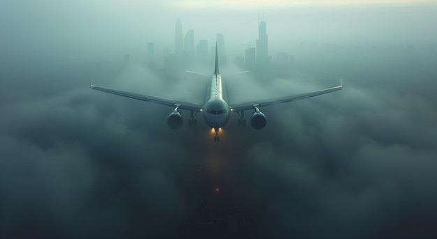 Un avión de pasajeros vuela sobre la ciudad en tiempo de tormenta