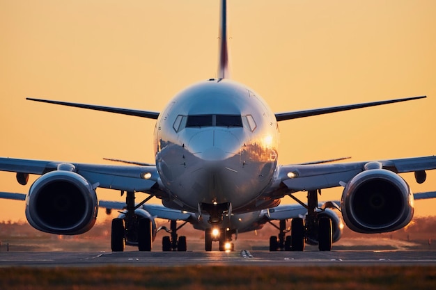 Foto avión en la pista del aeropuerto contra un cielo despejado durante la puesta de sol