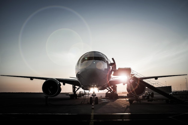 Avión en la pista del aeropuerto contra el cielo durante la puesta de sol