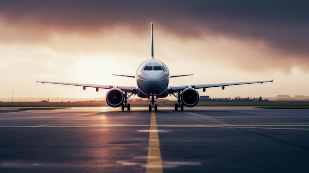 Un avión en la pista al atardecer